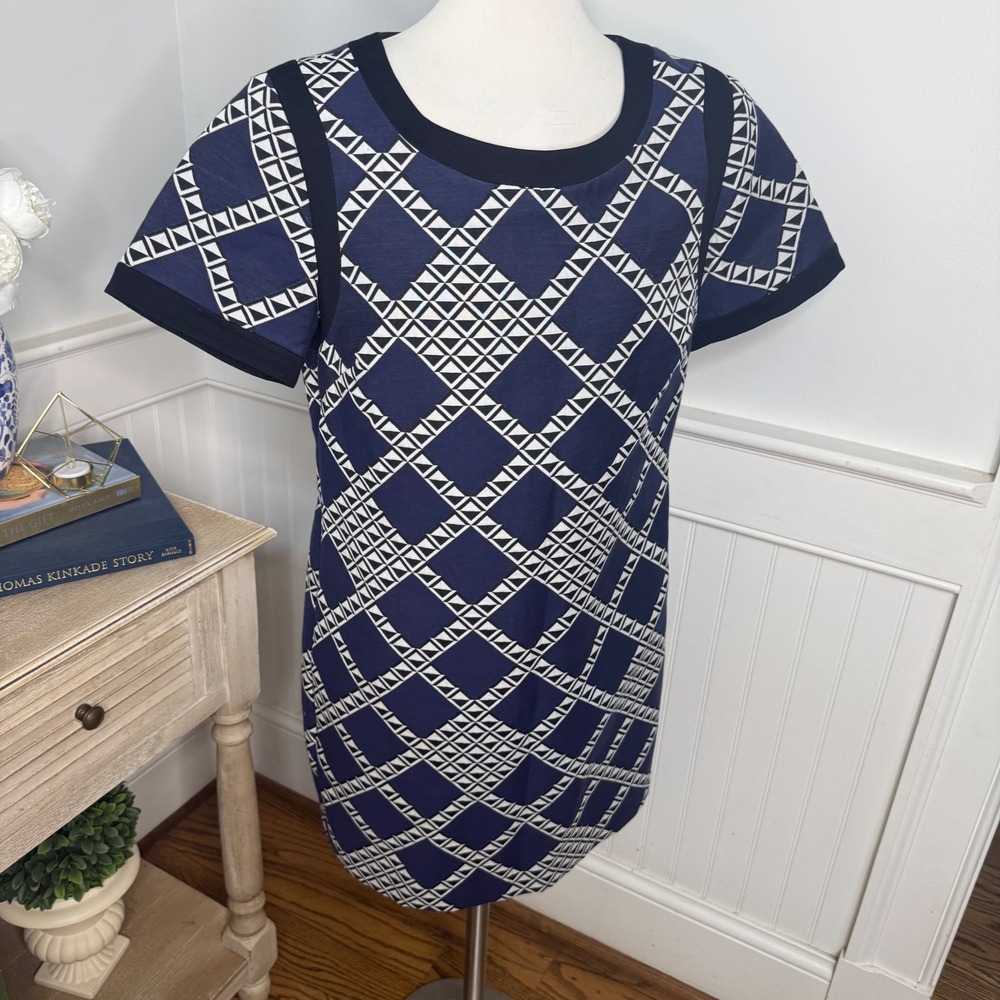 Trina Turk Navy Blue White Geometric Diamond Shift Dress Size 10 Made in USA